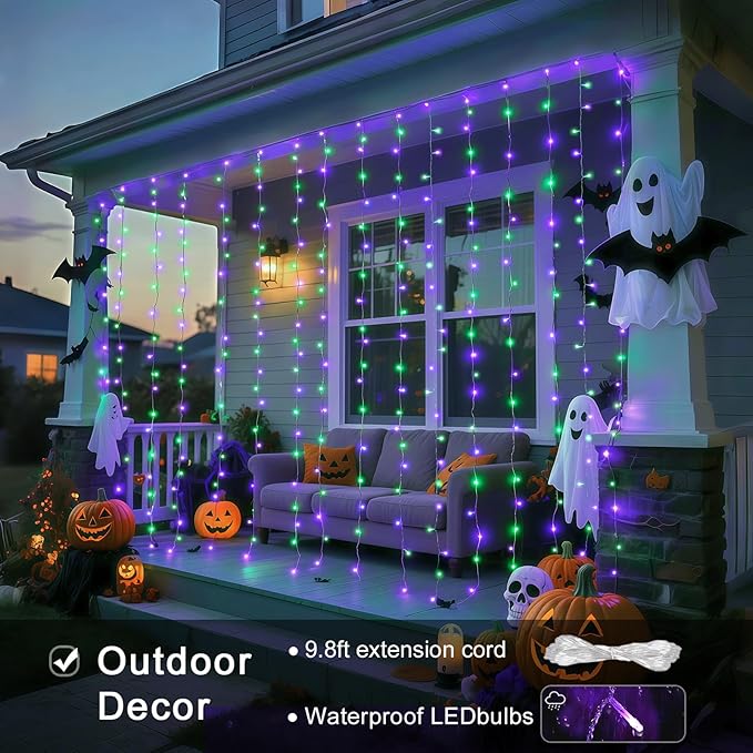 JMEXSUSS 300LED Halloween Curtain Lights with Remote, 9.8x9.8ft Halloween Lights Plug in, Christmas Twinkle Hanging String Light for Bedroom Wall Window Backdrop Indoor Outdoor Decor, Purple and Green