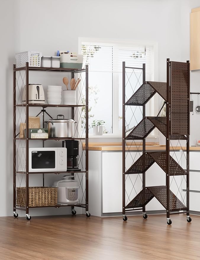 ALANNG 70.7" H Metal Storage Shelves, 5 Tier Folding Shelf on Wheels, Heavy Duty, No Assembly, Rolling, Collapsible Rack Unit for Kitchen, Basement, Pantry (Vintage Brown,2 Pack)