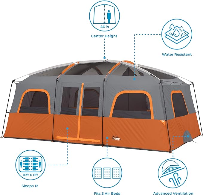 CORE Tent for Family Camping | 10 Person / 11 Person / 12 Person Large Multi Room Cabin Tents for Car Camping & Outdoor Adventures