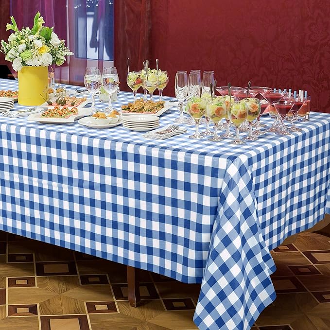 54 Inch x 300 Ft Blue Checkered Plastic Table Cloth Roll Disposable Waterproof Table Cover Plastic Table Cover Roll with Easy Slide Cutter for Outdoor Picnic/Home Dining/Spring Party