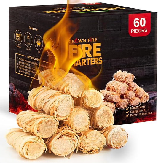 Fire Starters for Fireplace Indoor, and Outdoor Use - Natural Firestarter for Pizza Oven, Fire Pit - Fire Starters for Campfires - Charcoal Starter - 60 Rolls