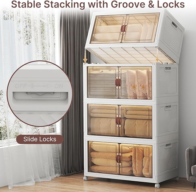 Extra Large Stackable Storage Bins with Lids & Wheels & Door, 640QT-160QT/40GAL*4Pack Foldable Collapsible Closet Organizers, Plastic containers drawers for bedroom Dorm