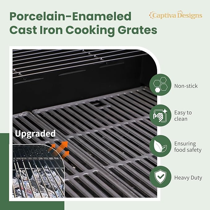 Captiva Designs 4-Burner Propane Gas BBQ Grill with Side Burner & Porcelain-Enameled Cast Iron Grates, 42,000 BTU Output Barbeque Grill for Outdoor Cooking Kitchen and Patio Backyard Barbecue, Golden