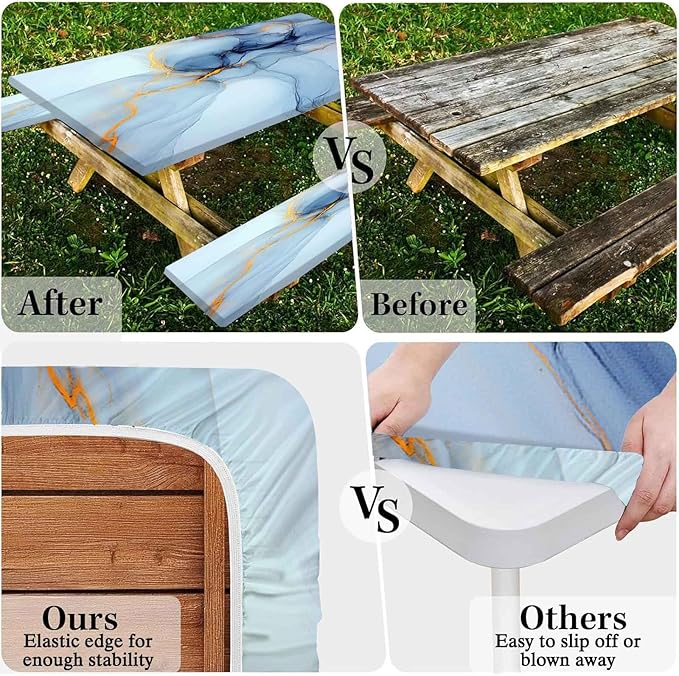 CAPSCEOLL Elastic Picnic Table Cover with Bench Covers 5Ft Waterproof Fitted Picnic Table Cover Cloths for Outdoors Camping Tablecloth with Drawstring Bag, 60X30in, Blue Marble