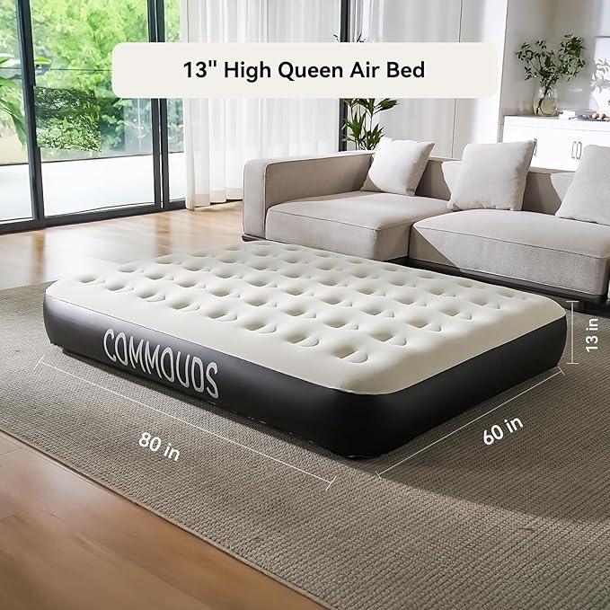 COMMOUDS Queen Air Mattress with Built-in Battery Powered Removable Pump, 13" High Inflatable Mattress, Portable Blow up Mattress, Air Bed for Camping, Home and Guest
