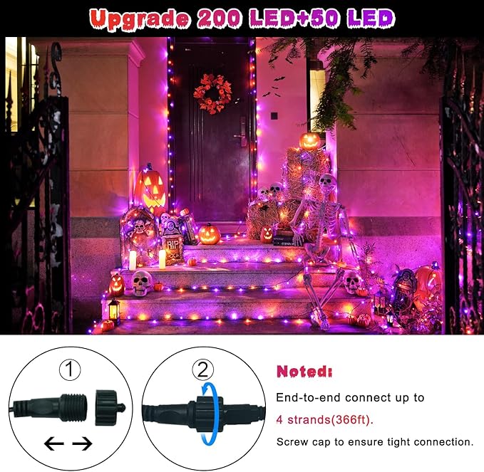 JMEXSUSS 250LED Orange and Purple String Lights Outdoor Waterproof, 8 Lighting Modes Orange and Purple Christmas Lights 91.5ft Connectable Halloween Light Indoor for Tree Yard Patio House Decor