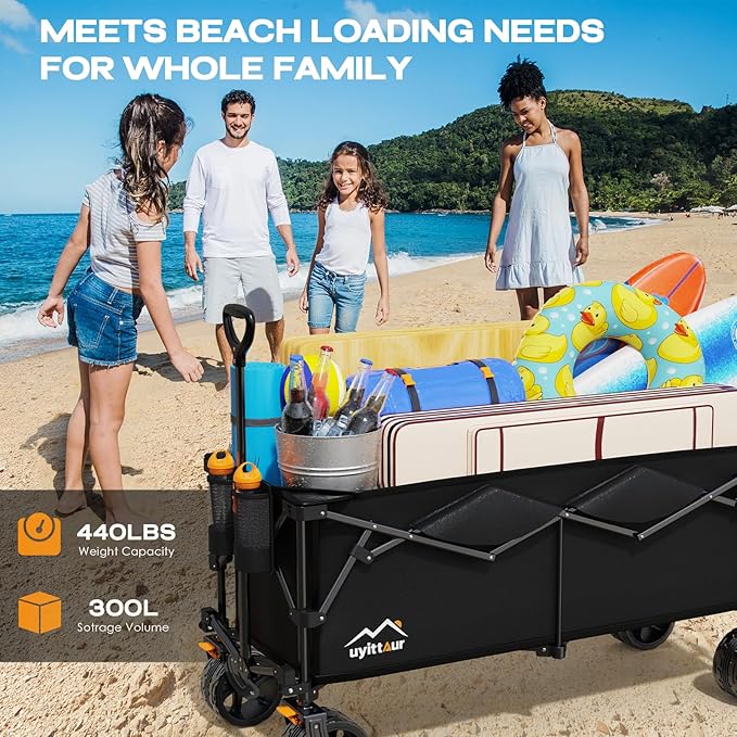 300L Extra Large Collapsible Foldable Wagon, 440lbs Load Capacity 48''L Extended Heavy Duty Folding Beach Wagon with Big All-Terrain Wheels, Utility Garden Cart for Outdoor Activities, Black