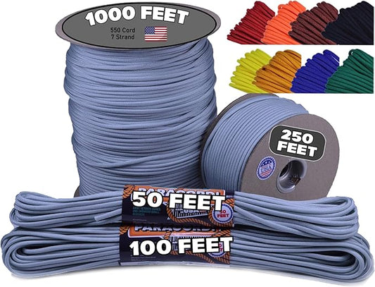 BORED? PARACORD! 550 lb Paracord - Ideal for Crafting, Camping, DIY Projects, Active & Military Outdoors - Strong Survival Rope - Tactical Parachute Cord Type III - Silver 250 Feet