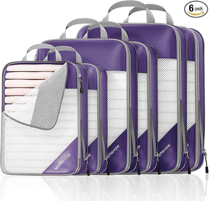 Compression Packing Cubes 6 Set, Compressible Space-Saving Packing Cubes for Travel - Compression Bags, Luggage Organizer, Travel Essentials for Women, Purple