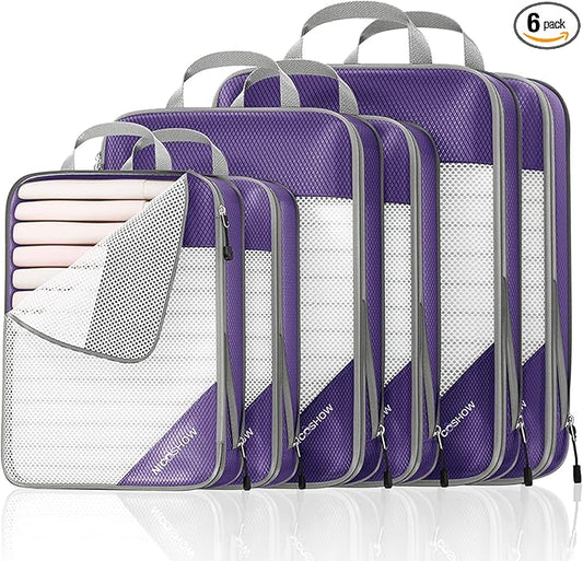 Compression Packing Cubes 6 Set, Compressible Space-Saving Packing Cubes for Travel - Compression Bags, Luggage Organizer, Travel Essentials for Women, Purple