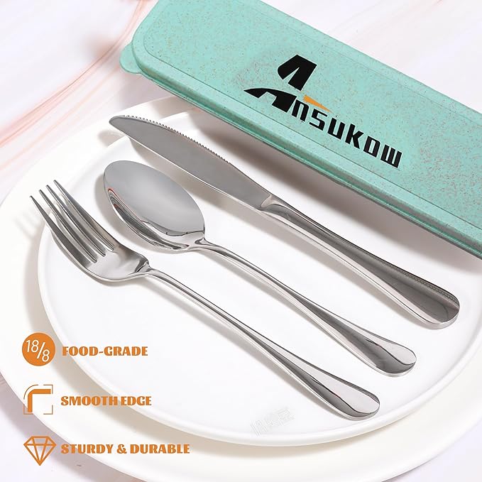 4 Piece Travel Utensils Camping utensils Travel Silverware Set with Case Fork and Spoon Set Office Stainless Steel Reusable Trip Cutlery Set Easy to journey Lightweight Lunch Box for Men