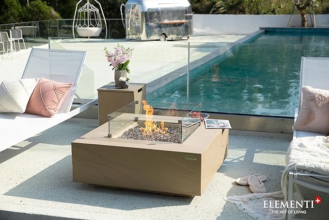 Elementi+ | Uluru Gas Fire Pit Cast Concrete 40" Square Fire Table, Outdoor Fire Pit Electronic Ignition | Canvas Cover, Fire Glass and Burner Lid Included | Sunlight Yellow | Natural Gas