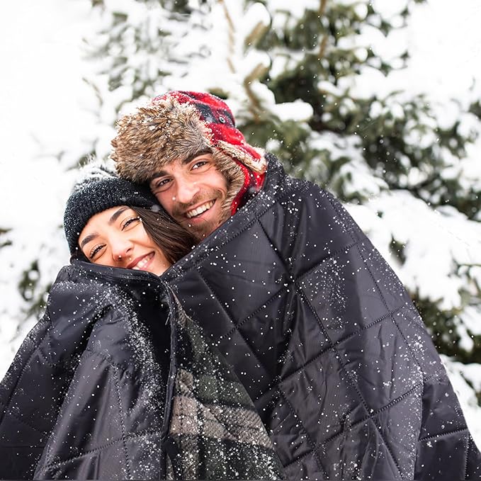 DUKUSEEK Large Outdoor Blanket, Camping Blankets for Cold Weather, Waterproof Windproof Hooded Stadium Blanket 79"x59" Quilted with Extra Thick Fleece, Great for Camping, Picnic, Beach, Car, Dogs