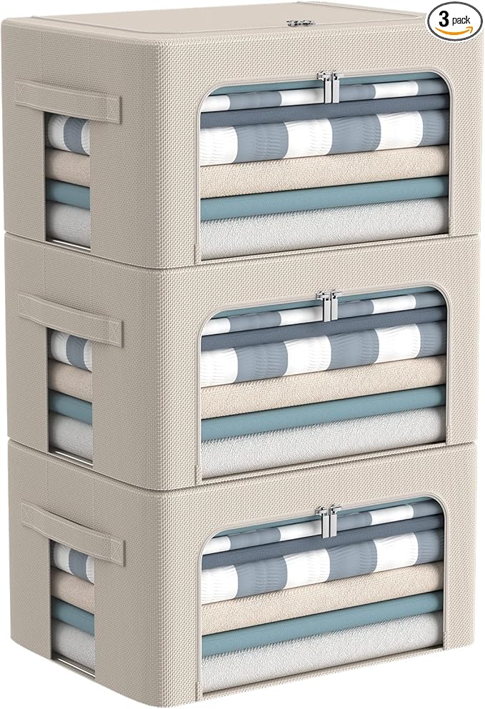 3Pack Frame Storage Box - Clothes Storage Bin Bags Oxford Fabric Foldable Stackable Container Organizer Set with Clear Window & Carry Handles Large Capacity (Beige, Small-22L)