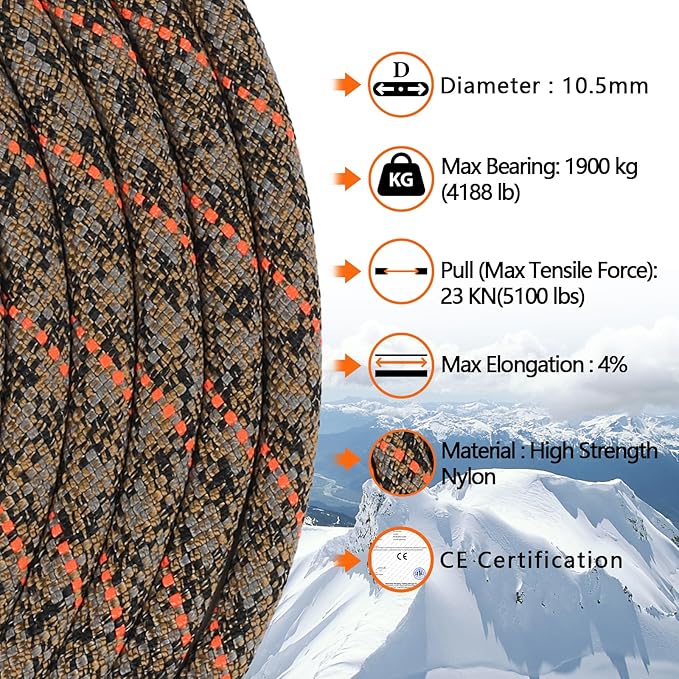 AOLEBA 10.5 mm Static Climbing Rope 10M(32ft) 20M(64ft) 30M(96ft) 50M(160ft) 70M(230ft) Outdoor Rock Climbing Rope, Escape Rope Ice Climbing Equipment Fire Rescue Parachute Rope