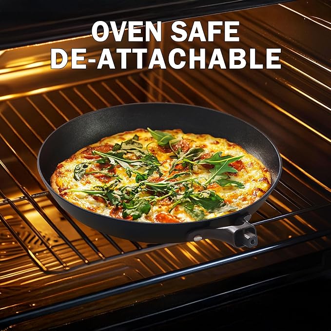 DM Cast Iron Skillet, 8 Inch Nonstick Frying Pan with Detachable Acacia Wooden Handle, Honeycomb Non stick Omelet Egg Pan, Easy Clean Oven Safe Pans for Cooking