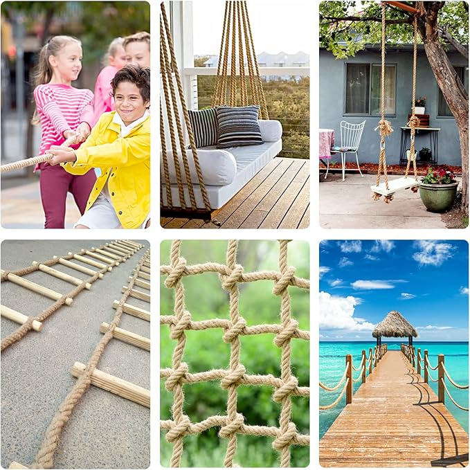 48 feet 1Inch Thick Manila Rope, JANNO Natural Twisted Hemp Rope for Tug War Home Garden Decorating, Hammock, Railings, Landscaping, Boat Fixing, Packing, DIY Arts Crafts, Cat Scratching Post and More