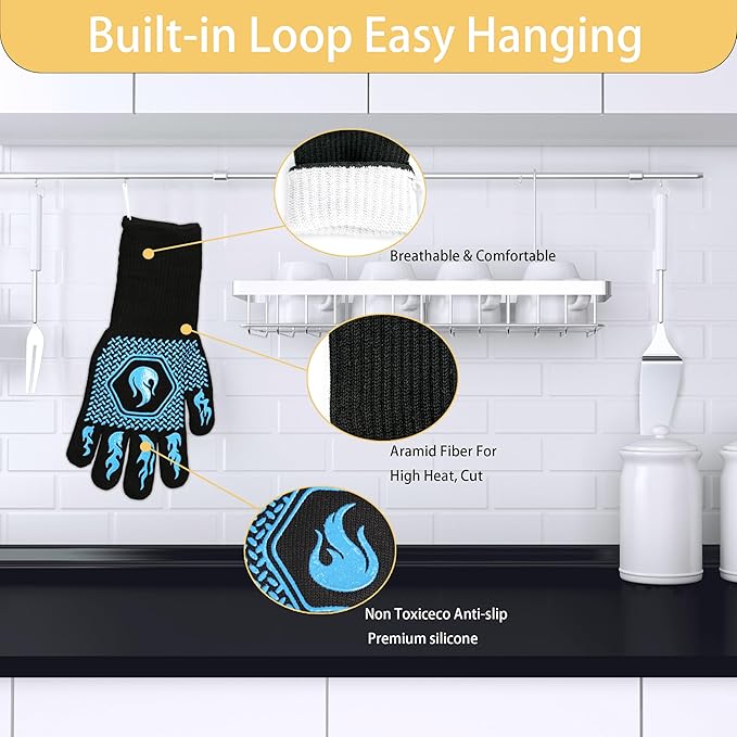 BBQ Fireproof Gloves, Grill Cut-Resistant Gloves 1472°F Heat Resistant Gloves, Non-Slip Silicone Oven Gloves, Kitchen Safe Cooking Gloves for Oven Mitts,Barbecue,Cooking, Frying,13.5 Inch-Sky Blue