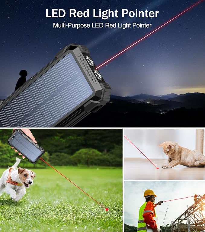 GOODaaa Portable Charger 42800mAh Built in 4 Cables and Thermometer 15W Fast Charging Power Bank Five Outputs Three Inputs Solar Charger Power Bank, SOS/Strobe/Strong Flashlights, Carabiner