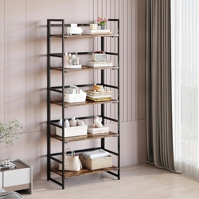 BHG Vintage Multifunctional Folding Bookshelf, No-Assembly Plant Stand Storage Rack Shelves for Home Office (Fire, 5-Tier)