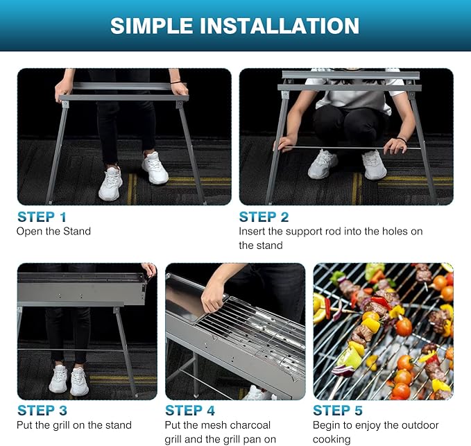 IRONWALLS Portable Charcoal Grills, L 32” x W 8” x H 31” Stainless Steel Folding Yakitori Grill with 25PCS 15” Kebab Skewers for Backyard Barbecue Outdoor Cooking Camping Hiking Picnic