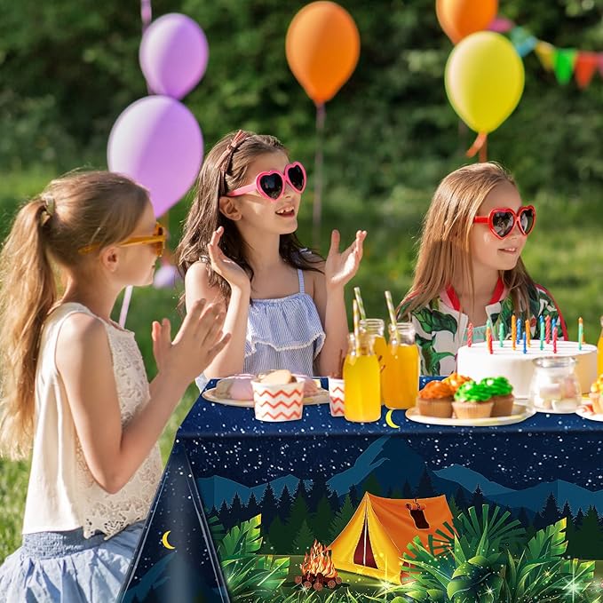 3 Pieces Camping Tablecloth Party Decorations Campfire Plastic Rectangular Table Cover Camp Birthday Party Supplies Picnic Hiking Adventure Supplies