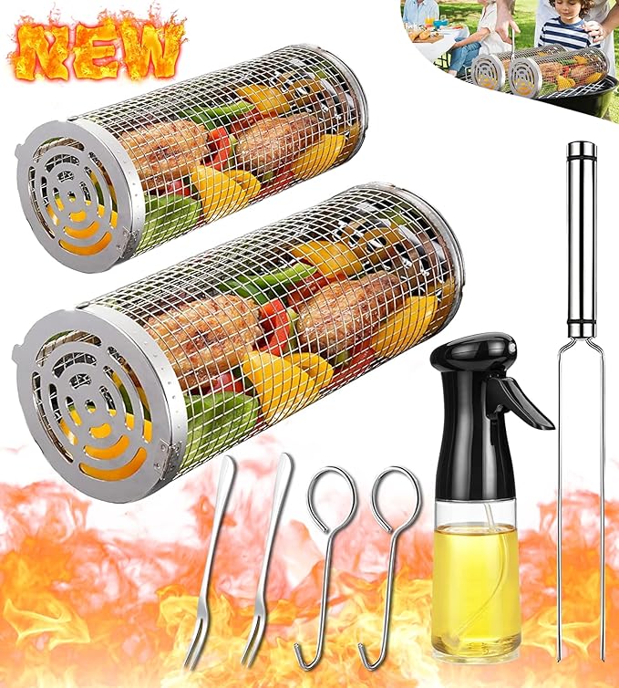 Rolling Grilling Basket Veggies Grill Accessories Bbq Net Tube Tools Set Barbecue Cage Outdoor Flat Top Pellet Electric Camping Cooking Picnic Gear Must Haves Essentials Gadgets Basket for Vegetable
