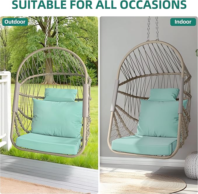 YITAHOME Hanging Egg Chair Without Stand, Rattan Wicker Swing Egg Chair with Resistant Cushion, 350lbs Capacity, Foldable Hanging Basket Chair for Porch, Garden, Bedroom, Balcony - Sky Blue