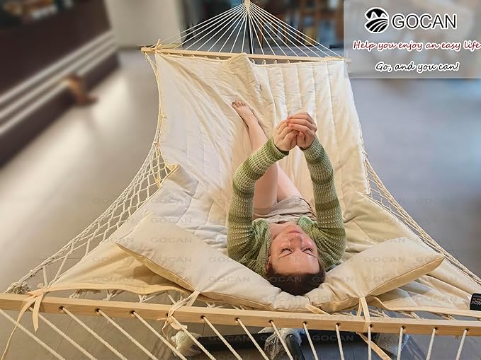 Mesh Hammock,Cotton Rope hammocks with Pad Chains Hooks Tree Straps fit Stands from 9' to 15' for Outside Indoor Patio Yard