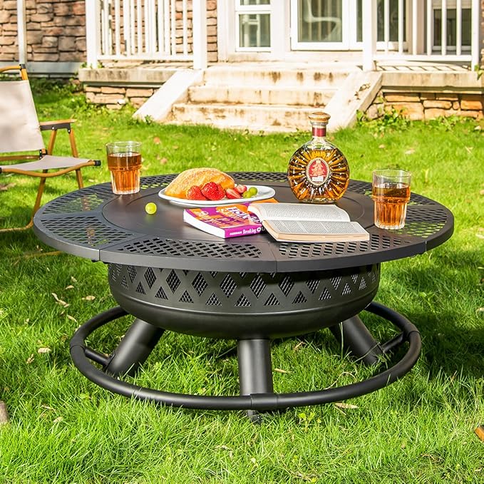 36 Inch Fire Pit with Grill,Wood Burning Fire Pits for Outside with Lid& Fire Poker,Round Metal Firepit Table 3 in 1 with Cooking Grate,Outdoor Firepits for Yard Patio Bonfire Camping(Black)