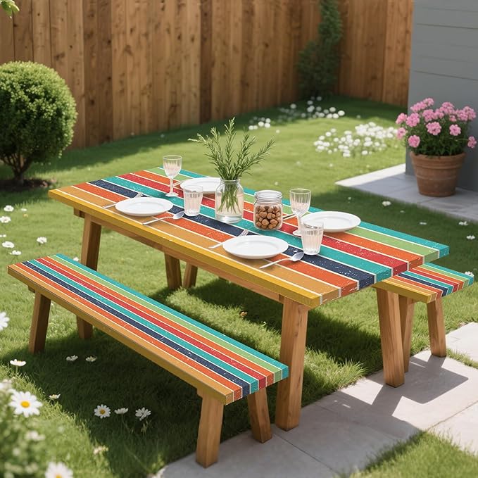 Colorful Picnic Table Cover with Bench Covers, 3 Pcs Waterproof Elastic Picnic Table Cover Outdoor Camping Essentials, Windproof Fitted Tablecloth for Camping, Indoor, Outdoor (Striped, 72X30 Inch)