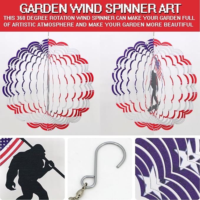 3D Patriotic Bigfoot Wind Spinner Decor - 12 Inch Metal Garden Art, Rust-Proof Outdoor Hanging Decorations, Patriotic American Flag Design, for Outdoor Lovers (Bigfoot)