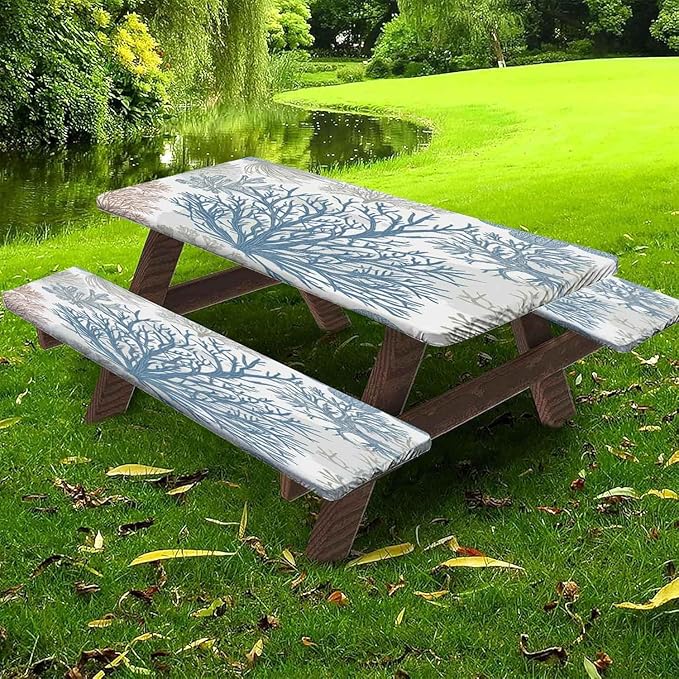 CAPSCEOLL Fitted Picnic Table Cover with Bench Covers with Elastic 6Ft Waterproof Camping Picnic Table Cover Cloths for Outdoors Camping Tablecloth with Drawstring Bag, 72X30in, Blue Sea