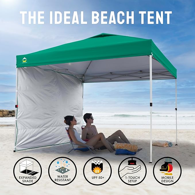 CROWN SHADES 10x10 Pop Up Canopy with 1 Side Wall - Beach Tent with One Push Setup - Outdoor Sun Shade for Events, Parties, Camping - Gazebo with STO-N-Go Cover Bag (Forest Green)