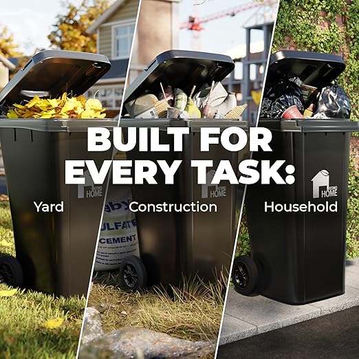 EconoHome Outdoor Garbage Can with Lid - 32 Gallon Trash Can for Backyard, Deck, Garage - Dual Wheels, Extra Heavy-Duty, Durable Handle - Versatile Home & Commercial Storage Container - Black, 2-Pack