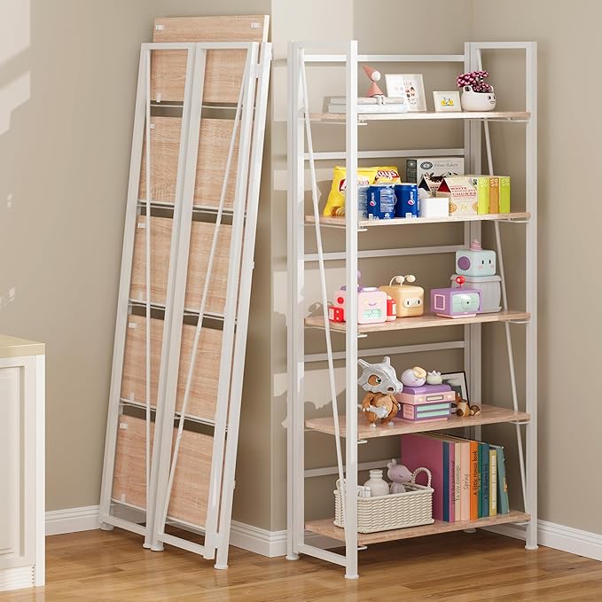 BHG Vintage Multifunctional Folding Bookshelf, No-Assembly Plant Stand Storage Rack Shelves for Home Office (White, 5-Tier)