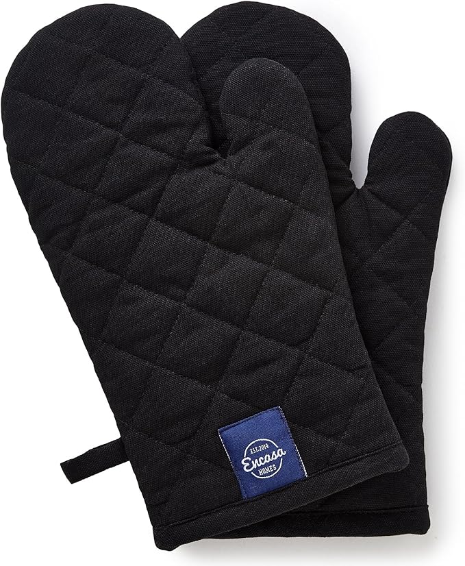 Encasa Heat Resistant Cotton Oven Gloves Mitts (2 Pc Set) - Quilted & Safe 12x7 in - for Kitchen, Cooking & Baking, Grilling, Handling Hot Pots & Pans - Full Black