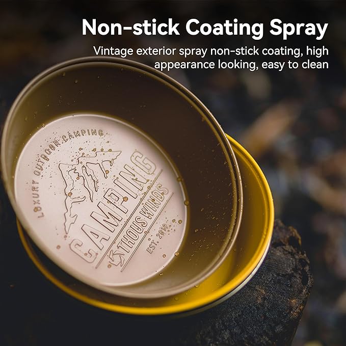 Camping Plates 2pcs Set, Stainless Steel Deep Round Plates, Insulated Dinnerware Cookware, Khaki