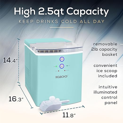 Igloo Electric Countertop Ice Maker Machine - Automatic and Portable - 33 Pounds in 24 Hours - Ice Cube Maker - Ice Scoop and Basket - Ideal for Iced Coffee and Cocktails - Aqua