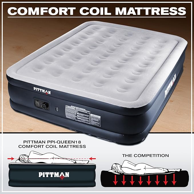 Pittman 18" Queen Air Mattress with Built in Pump - Comfort Series Queen Blow Up Mattress, Inflates & Deflates Fast, Easily Folds Away - Treat Your Guests to a Plush Luxury Air Bed