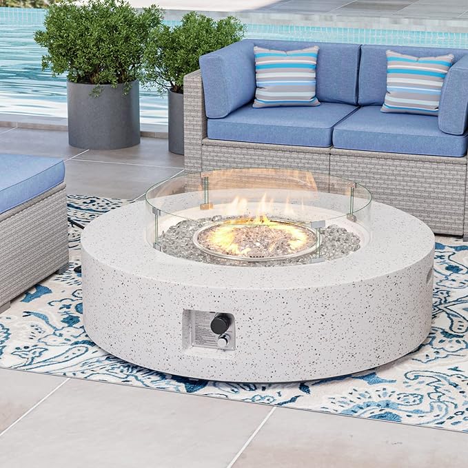 COSIEST Outdoor Propane Fire Pit Coffee Table w Terrazzo White 42 inch Round Base Patio Heater, CSA Certified, 50,000 BTU Stainless Steel Burner, Wind Guard, Transparent Gray Fire Glass, Rain Cover