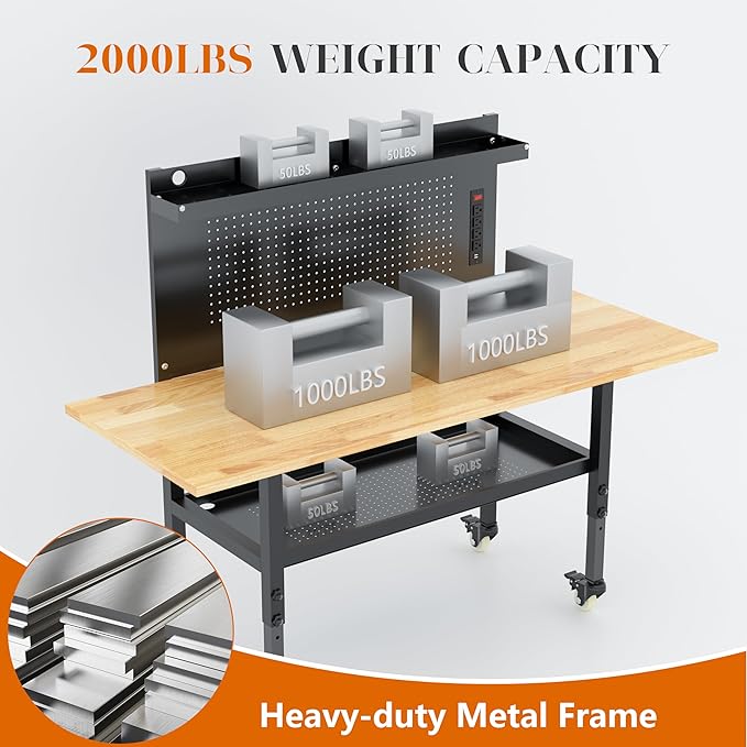 60" Heavy Duty Adjustable Workbench with Large Pegboard& Partition, Adjustable Work Table with Power Outlets & Lockable Wheels, Rubber Wood Workstation for Garage, Workshop, Office, Home, Commercial
