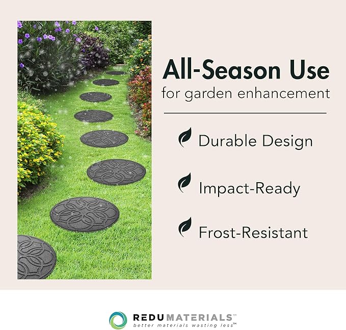 Garden Central 4-Pack 18”x18” Fake Pendant Rubber Stepping Stones, Round, Grey – Reversible Non-Slip Outdoor Faux Decorative Set for Landscaping – DIY Decor for Walkways & Yard Pathways