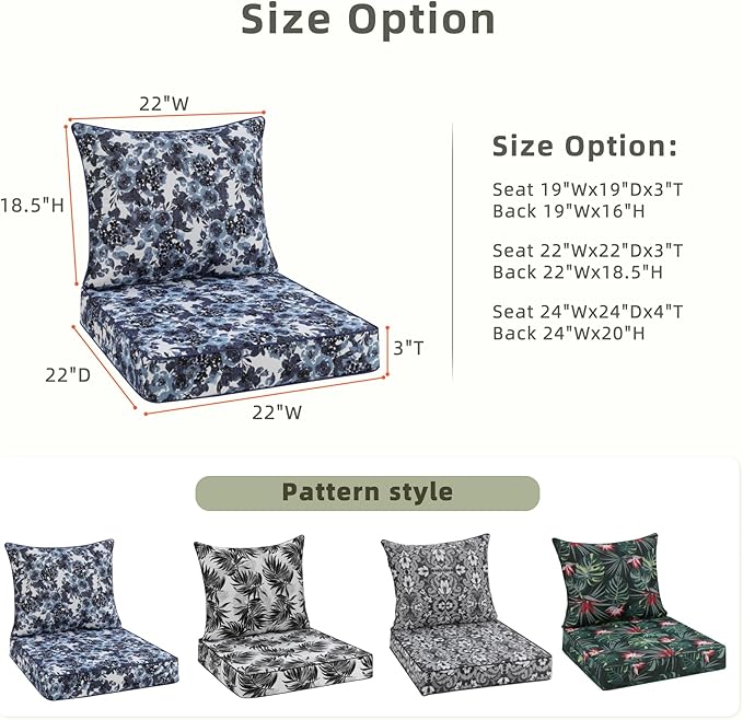 Favoyard Outdoor Seat Cushion 22 x 22 x 3 in Waterproof Pattern Fade Resistant Cover Removable Patio Furniture Cushions Deep Seat & Back Cushion Set with Adjustable Straps for Patio Chair Sofa Couch