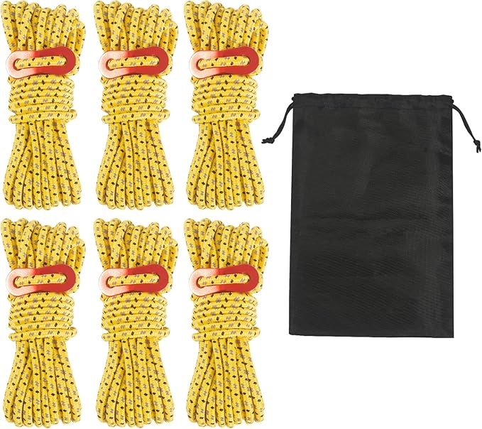 16.4ft 6 Pack 4mm Guy Lines Ultralight Tent Cords with Aluminum Adjuster Tensioner Outdoor Camping Guylines Ropes for Tent Tarp,Climbing,Hiking Backpacking (Yellow)