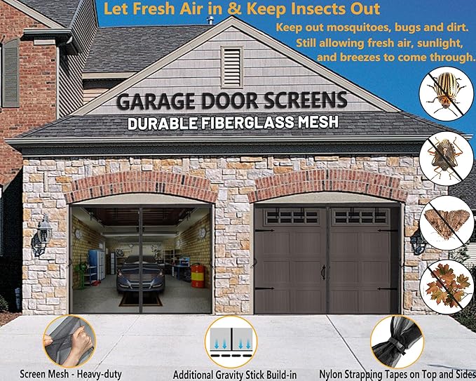 Garage Door Mesh Screen Kit 9x7 FT - Retractable Magnetic Net Screen Door for 1 Car Garage 9x7ft, Durable Fiberglass Mesh Blocks Bugs & Enhances Privacy - Great for Patio Porch Outdoor Use