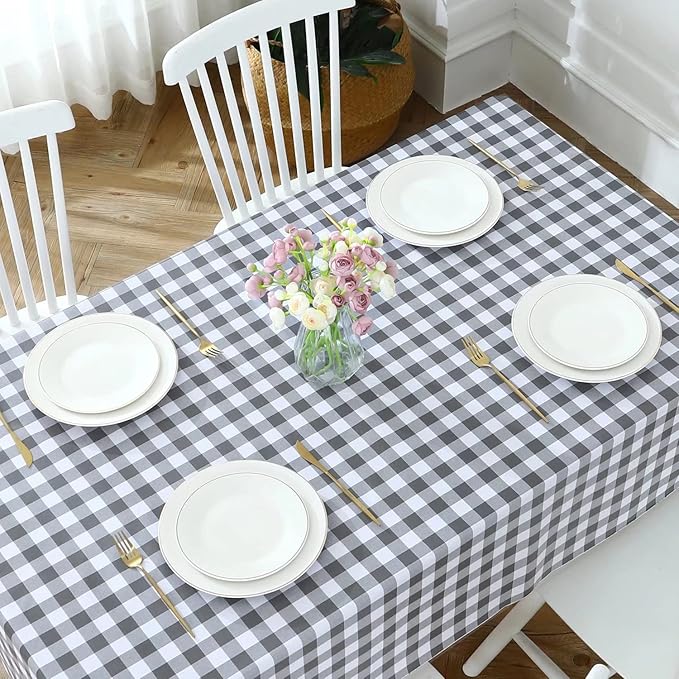 Romanstile Square Vinyl PVC Tablecloth, 100% Waterproof Buffalo Plaid Plastic Table Cloth, Oil Proof Heavy Duty Wipeable Table Covers for Dining/Camping/Picnic/Outdoor - 54 x 54, Grey and White