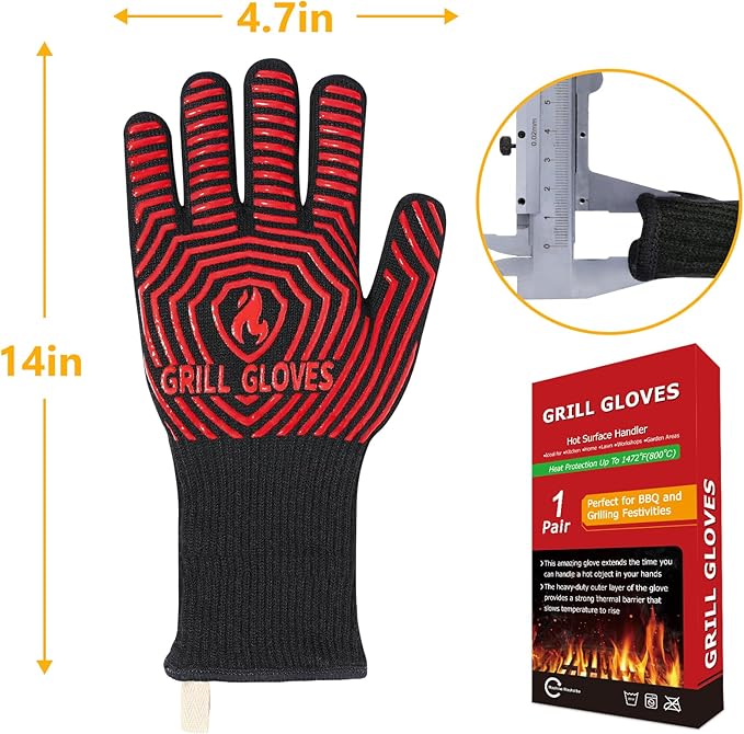 BBQ Gloves, BBQ Accessories 1472℉ Extreme Heat Resistant, Grilling Gloves Silicone Non-Slip Oven Mitts, Kitchen Gloves for BBQ, Grilling, Cooking, Baking-1 Pair 14inch