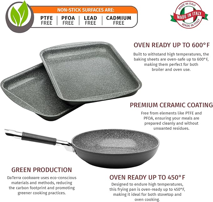DaTerra Cucina 9.5" Non-stick Ceramic Fry Pan & Twin Baking Sheets Set – Oven Proof, Ideal for Frying, Sautéing, Roasting, and Baking, Made in Italy, Volcanic Black Speckled Design Kitchenware