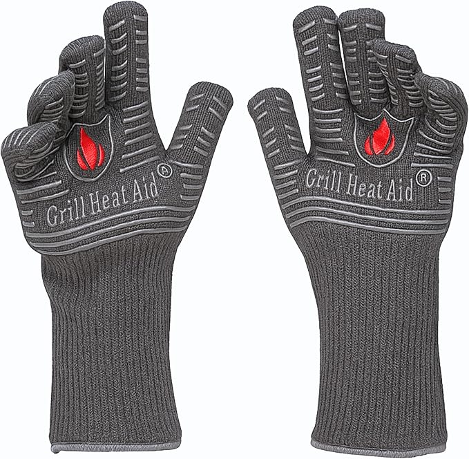 GRILL HEAT AID BBQ Grill Gloves Heat Proof for Grilling – Fireproof 1472°F Heat-Resistant Grill Mitts for Outdoor Barbecue and Smoker, Campfire, Fire Pit, Oven Glove with Fingers for Baking Pizza